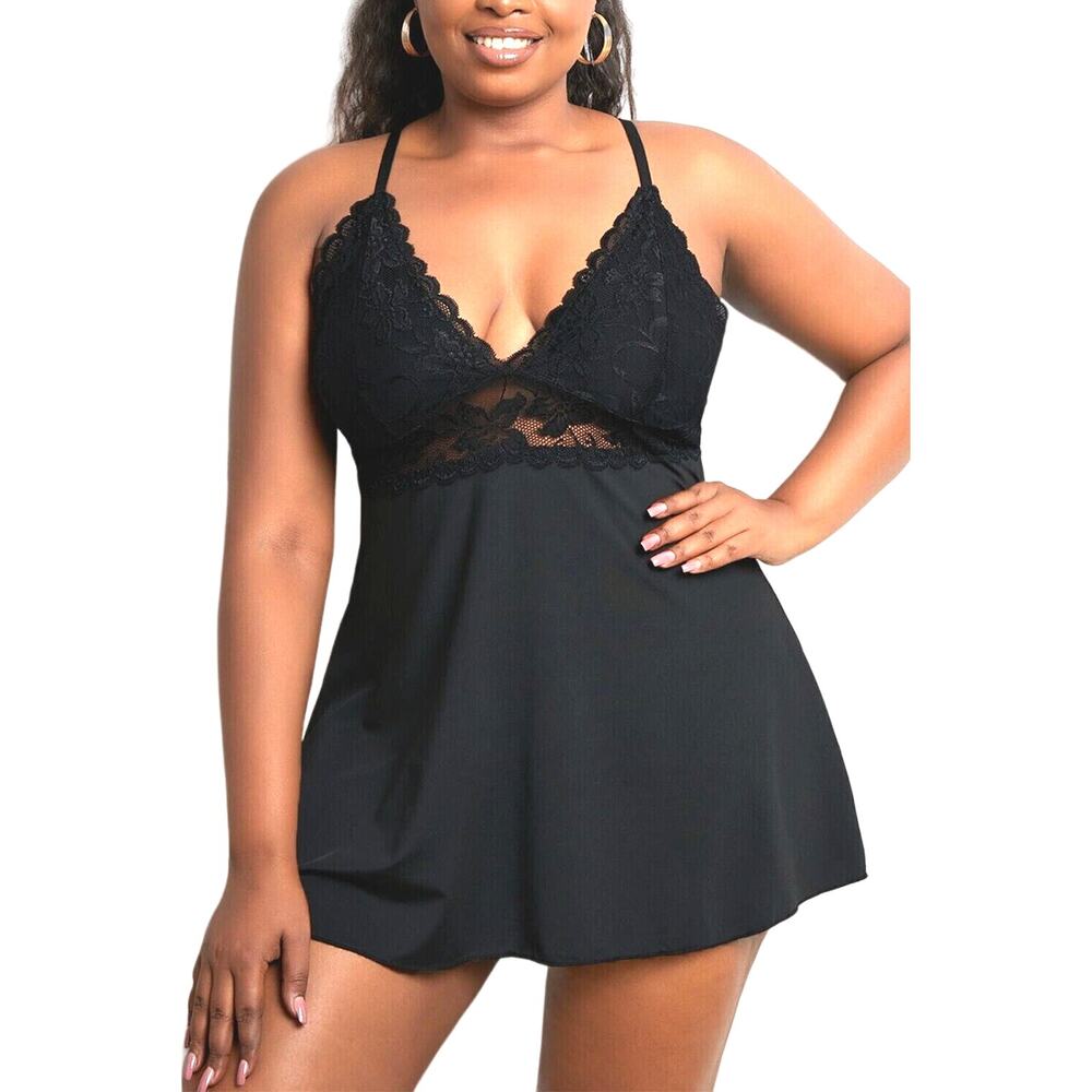 Womens Lace Chemise Slip Nightie Black Sheer Lingerie Vneck GString Panty Set 3X
